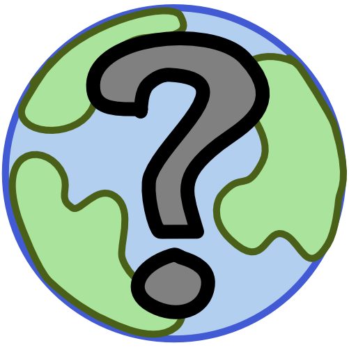 a 2D depiction of earth with a big grey question mark on it. 